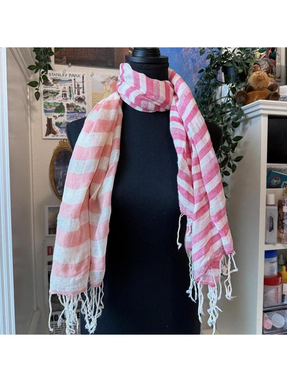 Society for Scarves Pink White Silver Striped Fringe Scarf